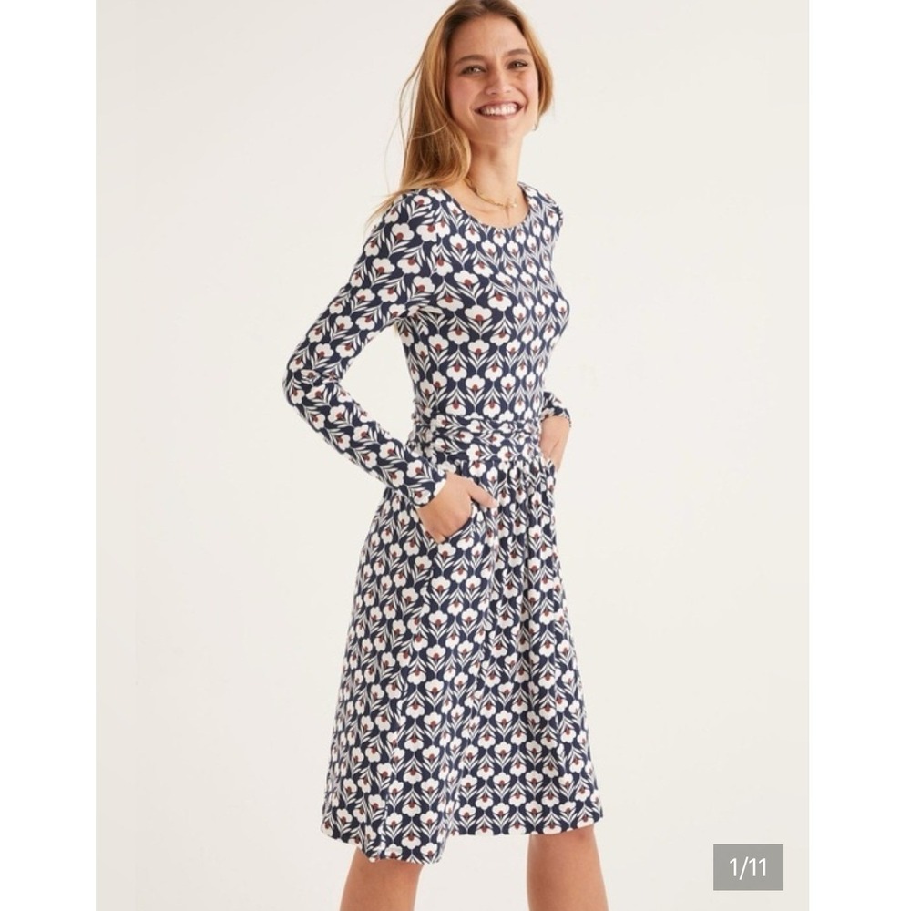 Boden Womens 2 Abigail Dress Navy Blue Floral Long Sleeve Stretch Pockets Jersey